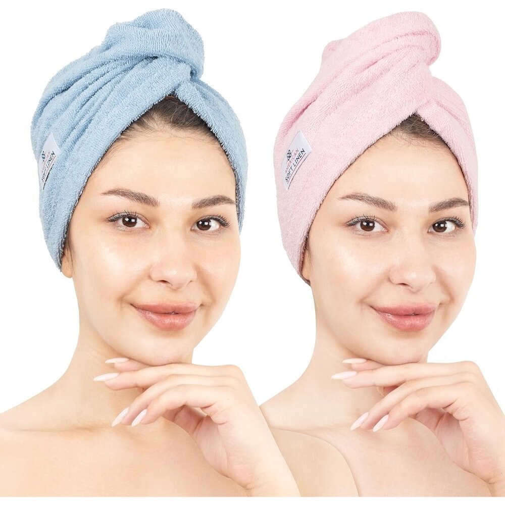 Cotton Hair Towels Women 26x10 Soft Absorbent Turban Wrap 2-Pack